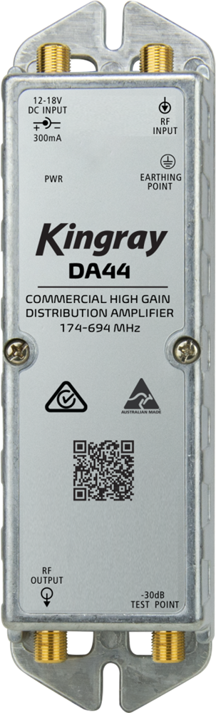 Kingray 44DB Distribution Amplifier for UHF/VHF signals, offering 44dB gain and multiple outputs. PSU not included, required separately.