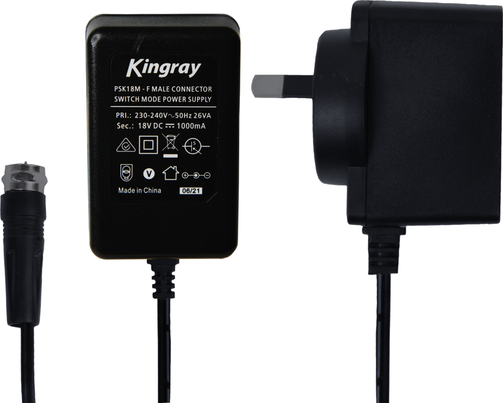 Kingray 500mA DC Power Supply with F-Male Connector, 12V output, and 1.2 m cable for stable telecom and satellite TV performance.