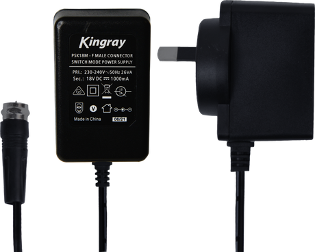 Kingray 500mA DC Power Supply with F-Male Connector, 12V output, and 1.2 m cable for stable telecom and satellite TV performance.