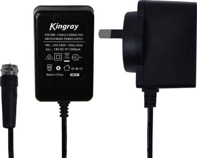 Kingray 500mA DC Power Supply with F-Male Connector, 12V output, and 1.2 m cable for stable telecom and satellite TV performance.