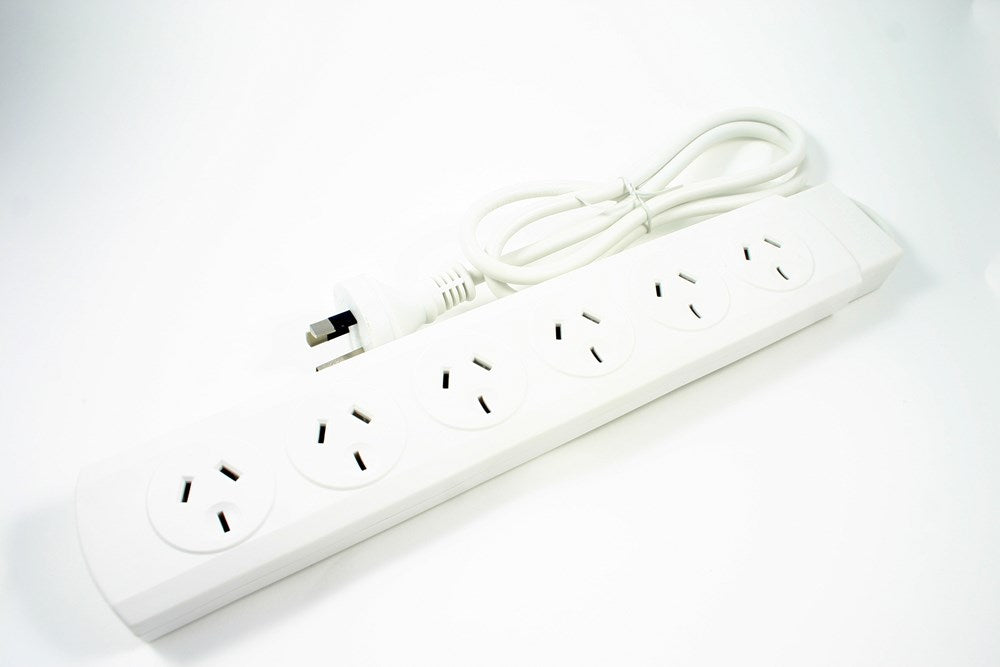 6 Outlet Power Board with Overload Protector, designed for safety and convenience in home and office setups, featuring surge protection.