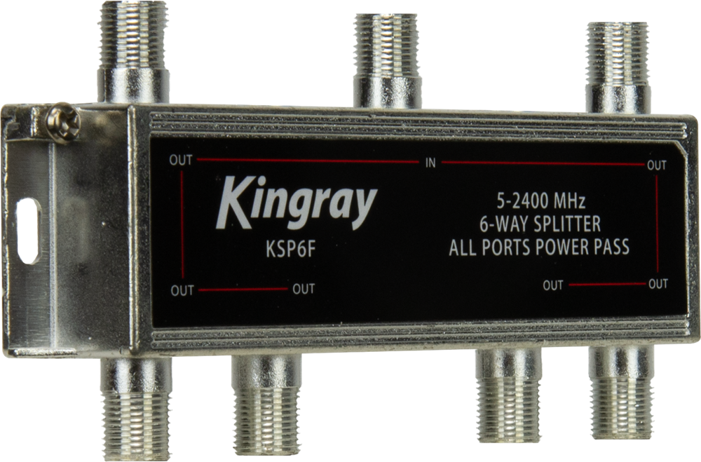 Kingray 6 Way Splitter with all ports power pass, Foxtel approved, for reliable and efficient distribution of TV signals.