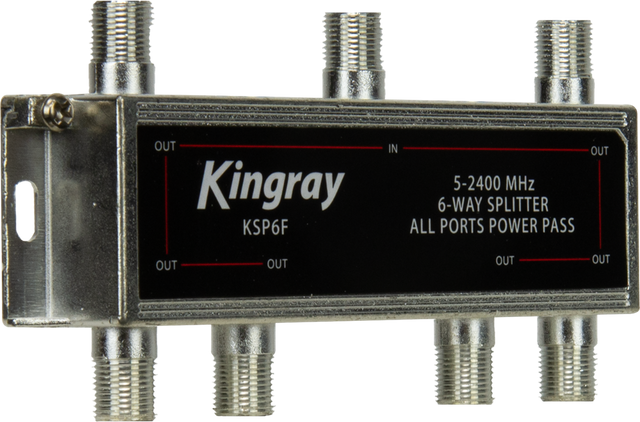 Kingray 6 Way Splitter with all ports power pass, Foxtel approved, for reliable and efficient distribution of TV signals.