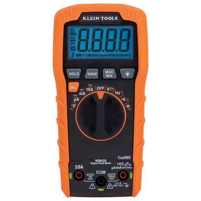 600V 10A AC/DC TRMS auto-ranging digital multimeter with temperature measurement, backlit LCD, and overload protection for precise results.