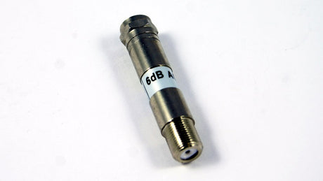 75 Ohm F-Type attenuator with 6dB attenuation and power pass capability, designed for RF, satellite, and cable TV systems to ensure balanced signal control.