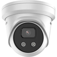 Hikvision 8MP AcuSense Turret Camera in white with 2.8mm lens, built-in mic, ultra-HD video, IR night vision, and IP67 weatherproofing