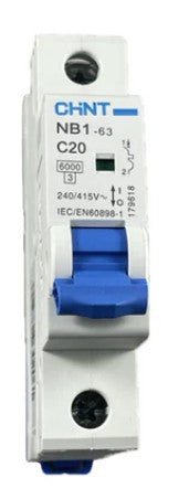 1 Pole MCB rated 20A with 6kA protection and C curve for reliable electrical circuit protection in homes and commercial buildings.