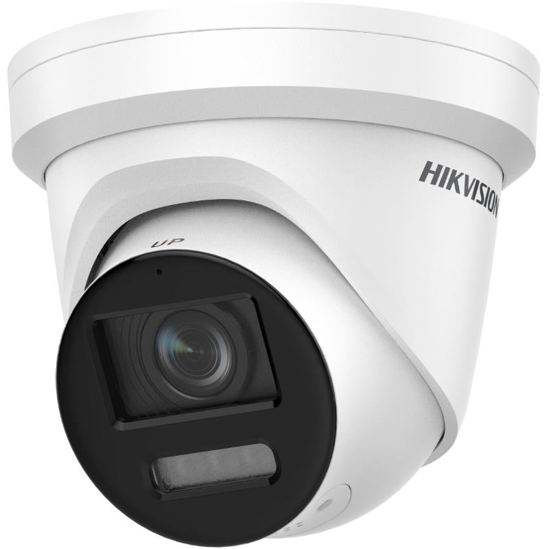 HIKVISION AcuSense ColorVu 8MP Turret Camera with strobe light, built-in microphone, and 30M IR night vision for high-definition, all-day surveillance.