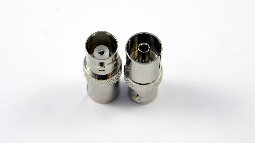 Close-up of a durable nickel-plated BNC Socket to PAL Socket Adapter, ideal for connecting coaxial cables in AV and surveillance setups.