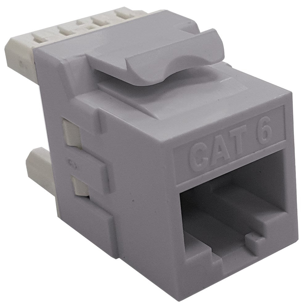 Grove Cat6 Grey Keystone Jacks, pack of 12, for 23-24 AWG cables, ANSI/TIA-568-C.2 compliant, compact and durable design, grey color.