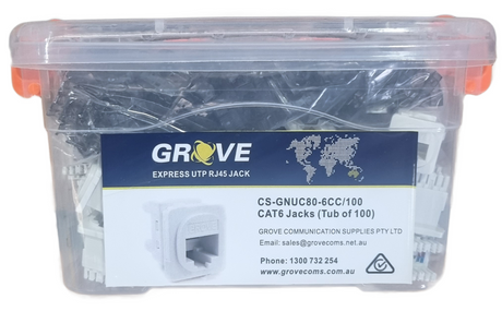 A tub containing a hundred white Grove Cat6 modular jacks, designed for high-speed Ethernet connectivity, with the product information visible on the label.