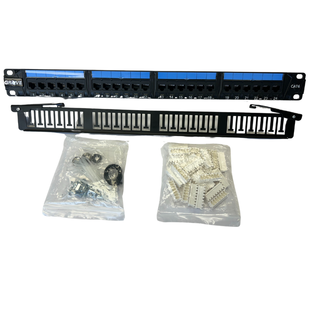 Grove Cat6 PCB Patch Panel with Rear Manager, pre-loaded for easy installation, supporting 10 Gbps speeds and 500 MHz frequency for efficient network setup.