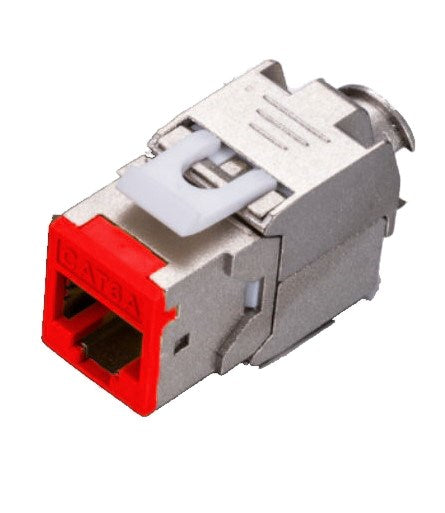 Grove Cat6A Shielded Keystone Panel Jacks, red, pack of 12, supports 22-23 AWG cables, EMI-protected, ANSI/TIA-568-C.2 compliant.