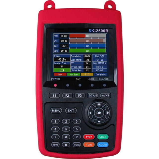 Satking DVB-T HD Hand Held Tuner Meter C Series, portable device for measuring and analyzing DVB-T HD signals with HD display and rechargeable battery.