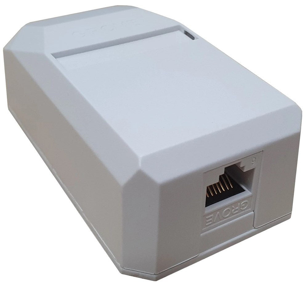 Grove Elite 1 Port Cat6 surface mount box for Ethernet networks, compact and durable design for reliable high-speed connections.