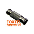 F Male to F Male Quick Connector for coaxial cable joins in satellite and TV systems, with tool-free use and nickel-plated body