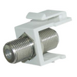 F-type coax keystone connector, compact and durable, designed for reliable coaxial cable connections in TV, satellite, and broadband systems.
