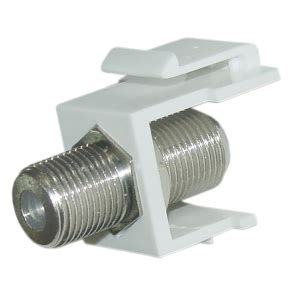 F-type coax keystone connector, compact and durable, designed for reliable coaxial cable connections in TV, satellite, and broadband systems.