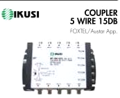 Ikusi Five Wire 15 dB Coupler for reliable satellite and terrestrial signal distribution in SMATV systems, with precise attenuation.