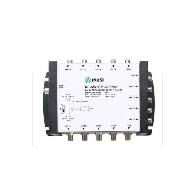 Ikusi Five Wire 4 Way Splitter for efficient satellite and terrestrial signal distribution in SMATV systems, ensuring minimal signal loss.