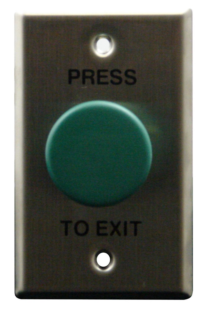 PRESCO Large Green Egress Button with Normally Open (N/O) configuration and Stainless Steel Plate, designed for reliable emergency exits.