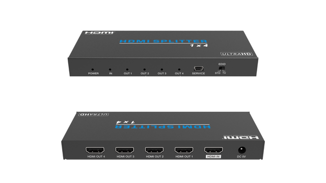 PodiumAV HDMI Splitter 1 In 4 Out for distributing a single 4K HDMI signal to four displays, ideal for home theatre and AV setups.