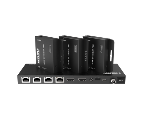 PodiumAV HDMI Splitter/Extender 1 In 4 Out HDMI Over Cat6 1080P, equipped with three receivers for expansive connectivity. 