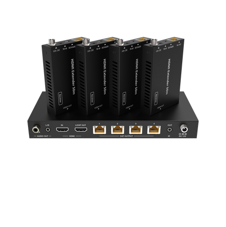 PodiumAV HDMI Splitter/Extender 1 In 4 Out Over Cat6 4K with 4 Receivers is designed to distribute high-definition video and audio signals from one source to four displays over Cat6 cables. 