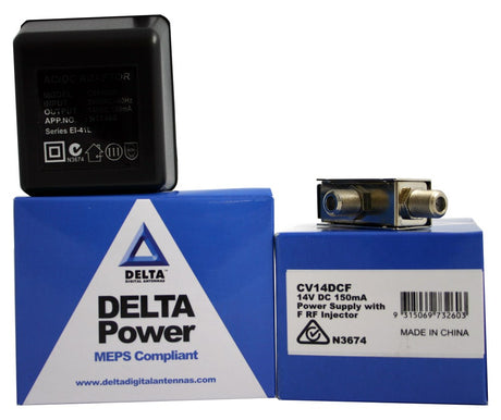 14V DC 150mA Power Supply with F Injector for TV antennas and LNBs, combines power and signal over one coax cable