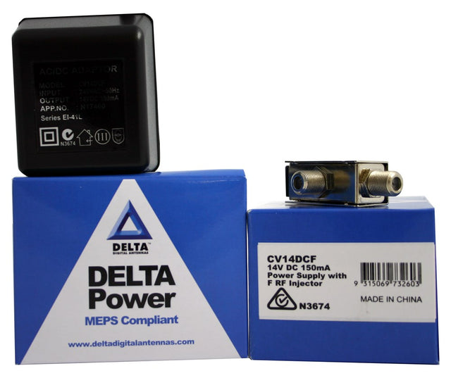 14V DC 150mA Power Supply with F Injector for TV antennas and LNBs, combines power and signal over one coax cable