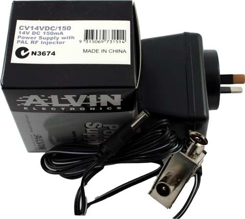 14V DC 150mA Power Supply with PAL Injector for TV antennas and LNBs, combines power and signal over coaxial cable