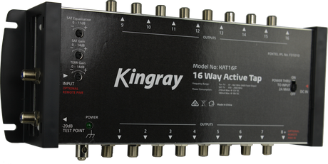 Kingray 16-Way Active Tap with built-in amplifier, distributes RF signals to 16 outputs, maintaining high signal strength for large installations.