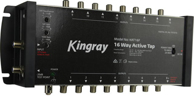 Kingray 16-Way Active Tap with built-in amplifier, distributes RF signals to 16 outputs, maintaining high signal strength for large installations.