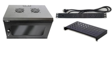 GROVE 18RU 500mm Cabinet Package with 6 GPO 1RU PDU and 250mm equipment shelf