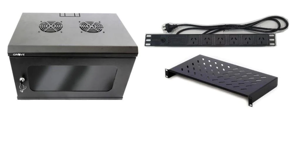 GROVE 18RU 600mm cabinet package with 6 GPO PDU and 1RU shelf, ideal for networking, AV, and structured cabling equipment.