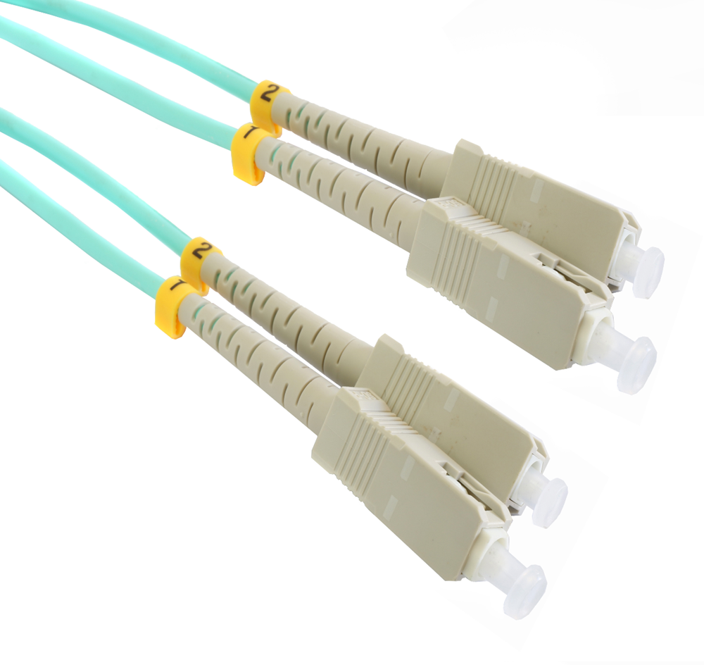 Grove 1M SC-SC OM3 Duplex Patch Lead with LSZH jacket, aqua color, 10Gbps data rate, and fire-safe design for high-speed network connections