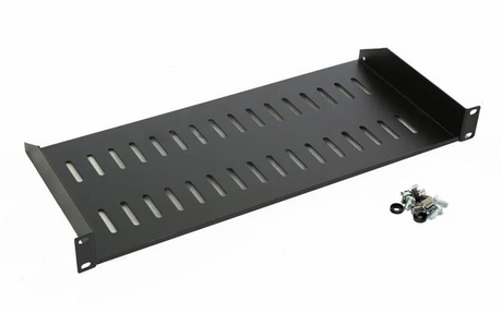 Grove 1RU Black Cantilever Shelf, 200 mm depth, steel construction, vented design for airflow, fits standard 19-inch rack cabinets