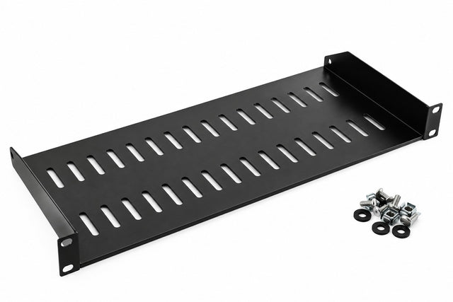 The 1RU 250mm Cantilever Shelf is a versatile and durable shelf designed for mounting within a standard 19-inch rack