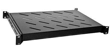 1RU black sliding shelf, measuring 600mm, designed for 600mm deep cabinets, offering easy access and versatile storage solutions for rack-mounted equipment in organized environments.