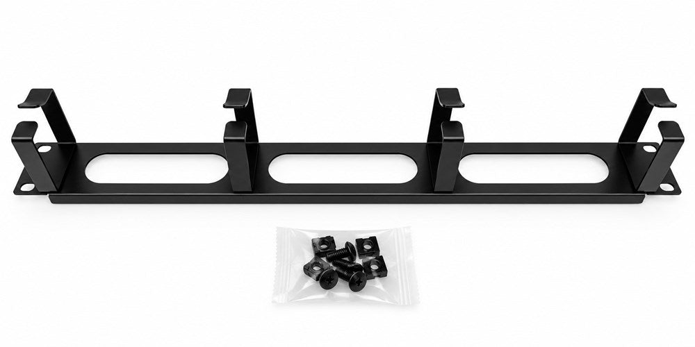 Grove 1RU black metal rack cable manager with 4 welded rings for 19-inch server cabinets and patch panel cable organisation