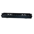 1RU plastic cable manager with a hinged cover, designed for organizing and concealing cables in rack-mounted setups, providing easy access and improved airflow while maintaining a tidy appearance.