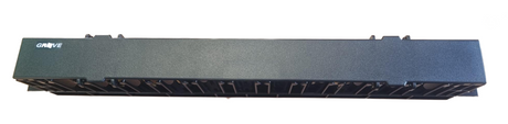 1RU plastic cable manager with a hinged cover, designed for organizing and concealing cables in rack-mounted setups, providing easy access and improved airflow while maintaining a tidy appearance.