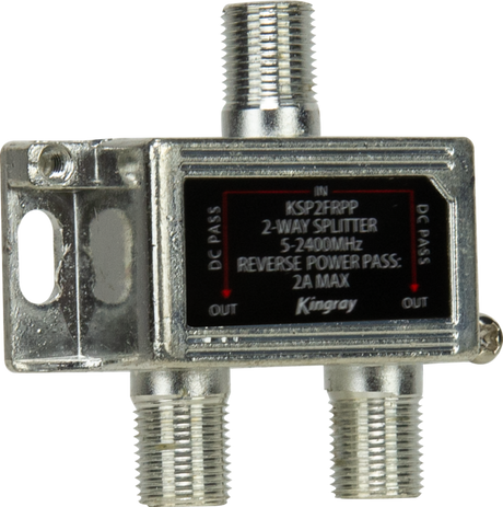 Kingray 2‑Way RF Splitter 5–2400 MHz with reverse power pass up to 30 V DC 2 A and two F‑type output ports.