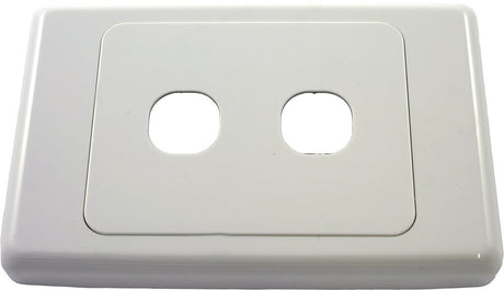 Amdex 2000 Series 2 Gang Wall Plate for AV and data modules, white modular faceplate fits Australian standard wall brackets.