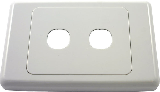 Amdex 2000 Series 2 Gang Wall Plate for AV and data modules, white modular faceplate fits Australian standard wall brackets.