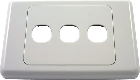 A white 3 gang wall plate from the 2000 Series, featuring three rectangular cutouts for electrical outlets or data ports.