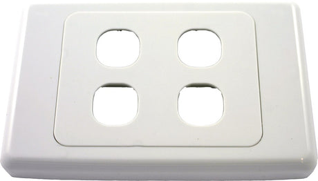 A white 4 gang wall plate from the 2000 Series, featuring four rectangular cutouts for electrical outlets or data ports.