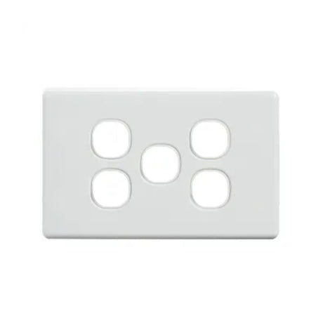 Amdex 2000 Series 5 Gang Wall Plate in white, modular faceplate for AV, data, and power modules. Fits standard Australian wall brackets.