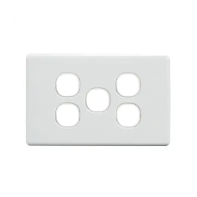 Amdex 2000 Series 5 Gang Wall Plate in white, modular faceplate for AV, data, and power modules. Fits standard Australian wall brackets.