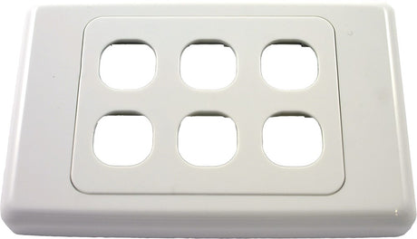 A white 6 gang wall plate from the 2000 Series with multiple outlets or data ports.